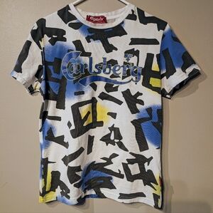 Carlsberg Mens Graphic Tee Shirt Made In Italy Abstract Blue Yellow Script M